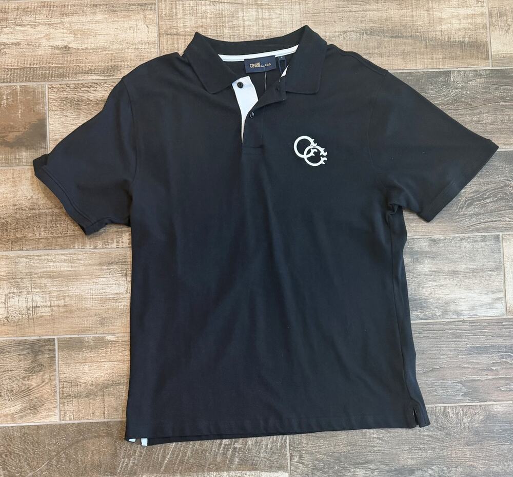 $295 NWT Cavalli Class Black Logo Cotton Stretch Polo Shirt Men’s Size L